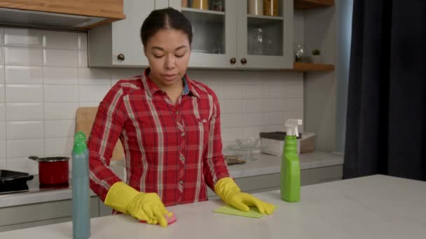 Industrious Attractive Housekeeping Black Woman Protective Rubber Gloves Sponge Cleaning — Stock Video