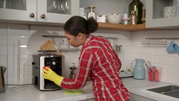 Busy Beautiful African American Woman Protective Rubber Gloves Doing Household — Stock Video
