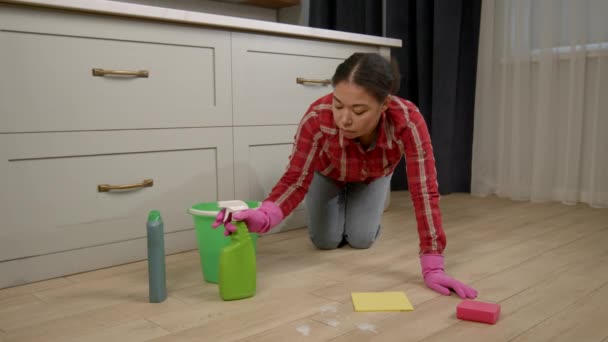 Fleißige Haushälterin Afroamerikanerin Schützenden Gummihandschuhen Die Hausarbeit Macht Kniet Und — Stockvideo