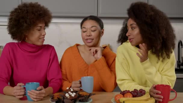 Portrait Cheerful Attractive Black Female Friends Enjoying Leisure Sitting Table — Stock Video