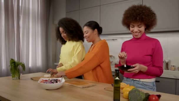 Birlikte Yemek Pişirmek Lezzetli Yemekler Hazırlamak Mutfağında Salata Sosu Aromasının — Stok video