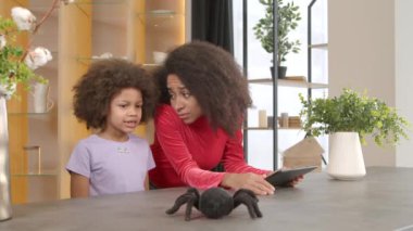 Çekici Afrikalı Amerikalı anne çığlık çığlığa örümcek oyuncağıyla korktu. Evinde uzaktan kumanda gösteren neşeli, haylaz, ilkokul çağındaki siyahi kız tarafından..