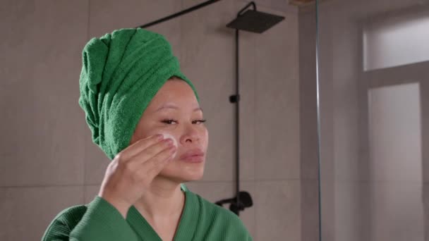 Portrait Happy Attractive Middle Aged Woman Bathrobe Towel Wrapped Head — Stock Video
