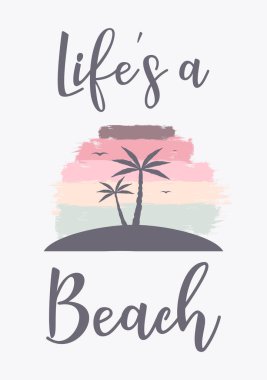 Yaz dönemi illüstrasyonu. Palmiye, sahil ve gün batımı. Vektör arkaplanı