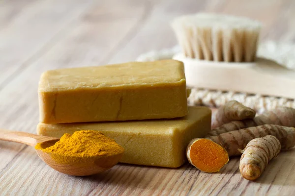 Natural Turmeric Soap Fresh Powdered Turmeric Root Wooden Background Herbal — Stock Photo, Image