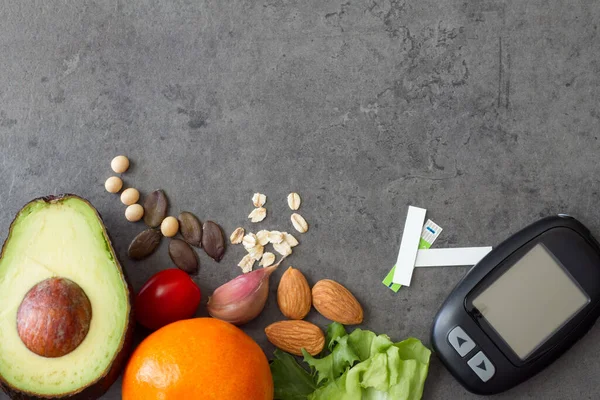 Healthy Food Lowering Blood Sugar Glucometer Diabetes Diet Concept Stockfoto