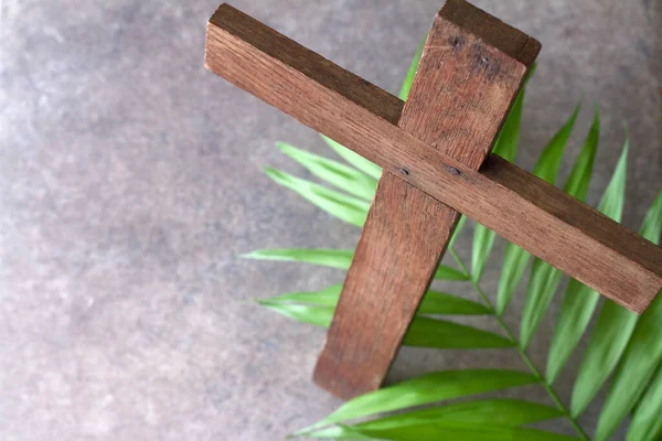 Деревянный Крест Пальмовая Ветвь Концепция Воскресенья Пальмы — стоковое фото