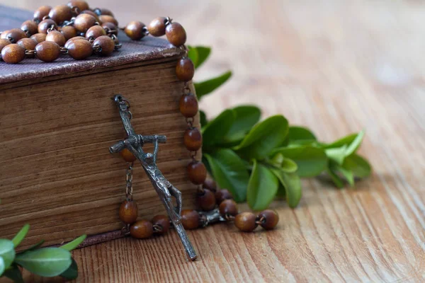 Bíblia Com Rosário Raminhos Buxo Conceito Religioso Páscoa — Fotografia de Stock
