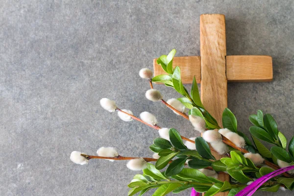 Wooden Cross Easter Palm Tree Made Catkins Boxwood Palm Sunday Stock Photo