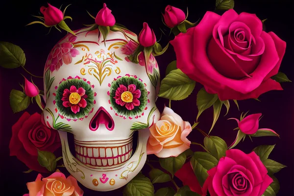 Mexican Style Sugarskull Red Roses Sugar Skull Floral Decoration — Stock Photo, Image