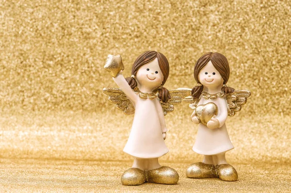 Decoração Natal Pequenos Anjos Guarda Fundo Dourado — Fotografia de Stock
