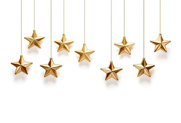 Shiny Golden Stars Hanging White Background Holidays Banner — Stock Photo, Image