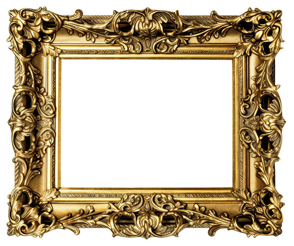Antique carved gilded frame isolated on transparent background. Vintage golden rectangle frame for photo
