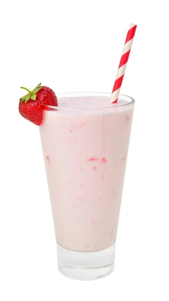在白色背景上隔离的高玻璃杯中的草莓冰沙 — 图库照片