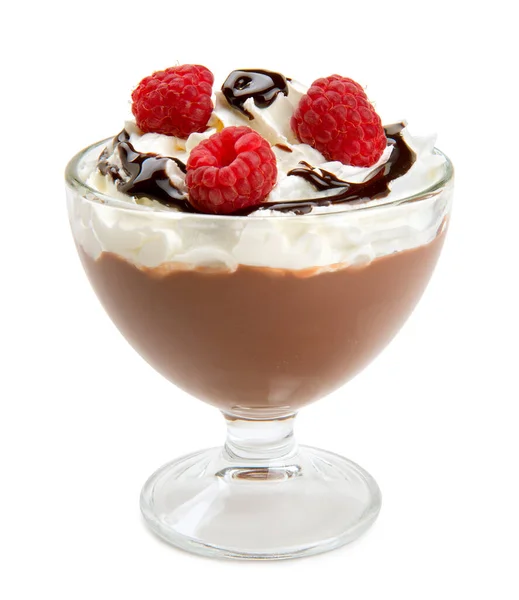 Chocolate Mousse Raspberries Whipped Cream Dessert Glass Bowl Isolated White — Stock Photo, Image