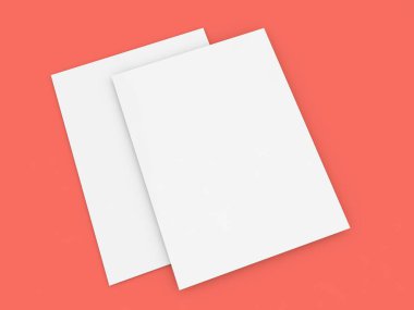 İki sayfa beyaz kağıt ve kırmızı arka plan. 3d resimleme.