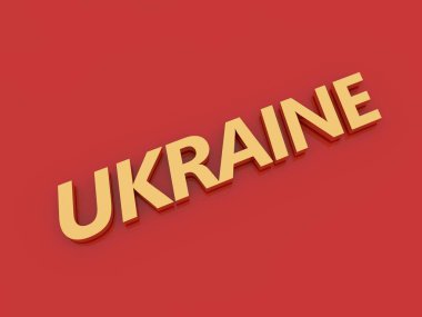 Kırmızı arka planda altın harflerle yazılmış Ukrayna yazısı. 3d resimleme.