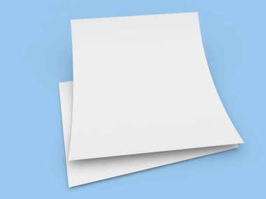 Mavi arka planda iki sayfa A4 kağıdı. 3d resimleme.