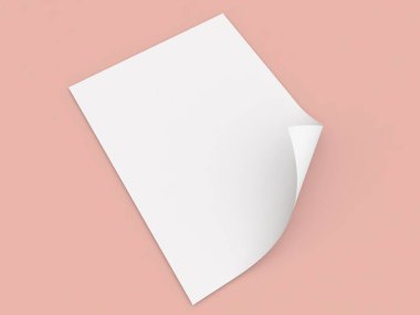Pembe arka planda kıvrımlı kenarlı bir kağıttan yapılmış bir A4 kağıdı. 3d resimleme.