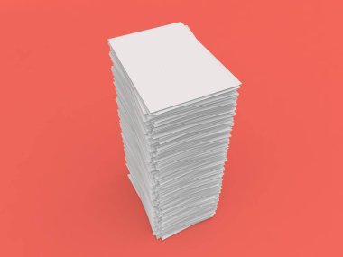 A large stack of A4 paper on a red background. 3d render illustration.