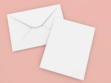Paper envelope and sheet of a4 paper on a pink background. 3d render illustration.