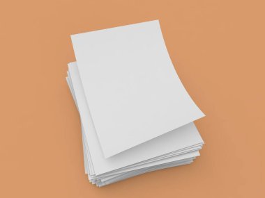 White sheets of A4 office paper on a brown background. 3d render illustration.