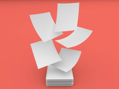 Flying sheets of office paper over a stack on a red background. 3d render illustration.