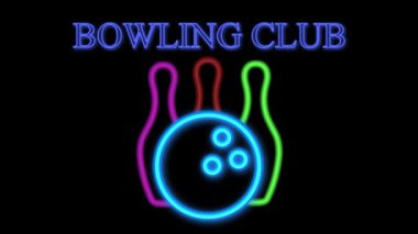 Bowling ball and skittles sign board on black background. Video animation.