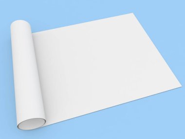 Mavi arka planda beyaz bir kağıt rulo A4 boyutunda. 3d resimleme.