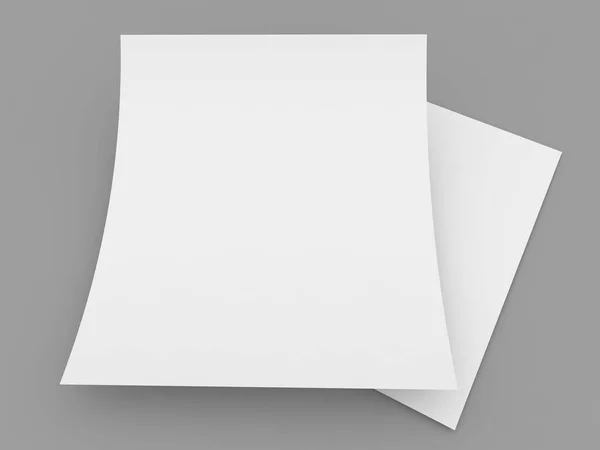 灰色の背景にA4用紙の2枚の湾曲したシート 3Dレンダリング図 — ストック写真