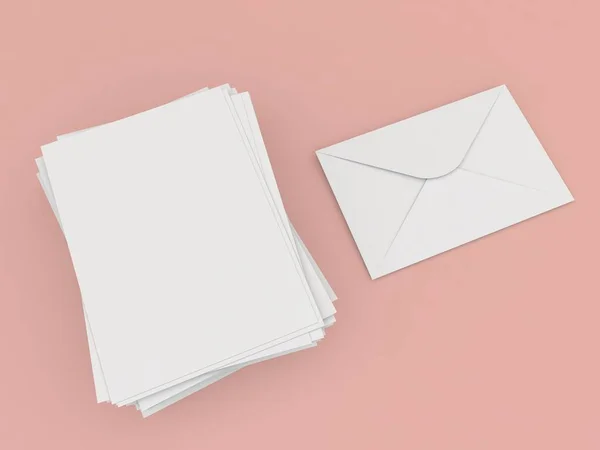 Umschlag Und Ein Stapel Din Papiere Auf Rosa Hintergrund Darstellung — Stockfoto