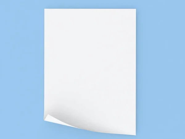 青い背景にA4サイズの縁が湾曲した紙の白いシート 3Dレンダリング図 — ストック写真