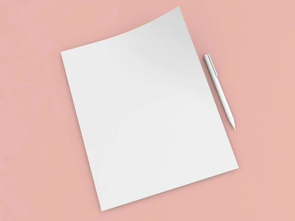 ピンクの背景にA4用紙モックアップのペンとシート 3Dレンダリング図 — ストック写真