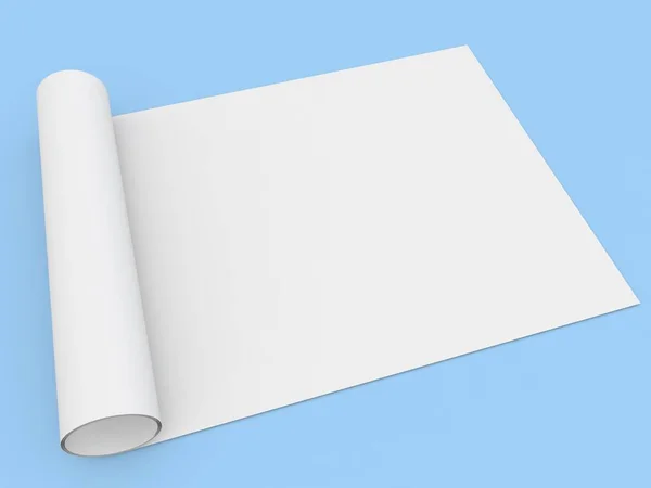 Opgerold Rol Wit Papier Formaat Een Blauwe Achtergrond Illustratie Weergeven — Stockfoto