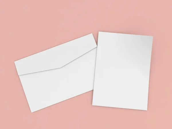 ピンクの背景にA4用紙の紙の封筒とシート 3Dレンダリング図 — ストック写真