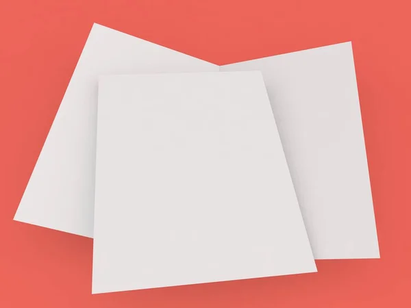 赤い背景にグリーティングカードとA4シート 3Dレンダリング図 — ストック写真