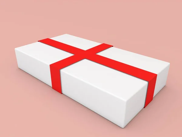 Białe Pudełko Czerwonymi Wstążkami Różowym Tle Ilustracja Renderowania — Zdjęcie stockowe
