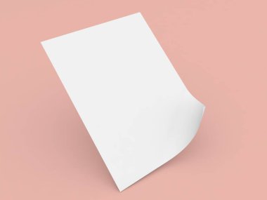 Turuncu arka planda A4 boyutunda kıvrımlı kenarlı beyaz bir kağıt. 3d resimleme.
