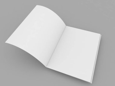 Gri arka planda açık dergi modeli. 3d resimleme.