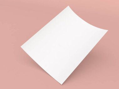 Beyaz kağıttan bir çarşaf A4, ofis için pembe arka planda. 3d resimleme.