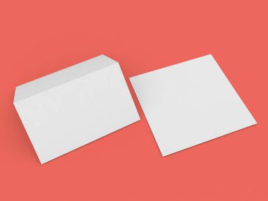 Kırmızı arkaplanda kağıt ve kartpostal modeli. 3d resimleme.