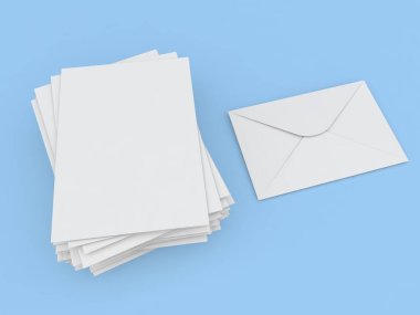 Zarf ve mavi arka planda bir yığın A4 kağıdı. 3d resimleme.