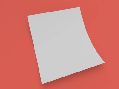 Kırmızı arkaplanda boş bir A4 kağıt şablonu. Eğri beyaz kağıt maketi. 3d resimleme.