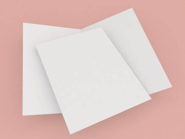 Turuncu bir arka planda tebrik kartı ve A4 kağıdı. 3d resimleme.