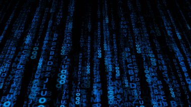 Siyah arkaplanda soyut mavi harfler. Internet.3d çizim resimlerinde bilgi akışı.