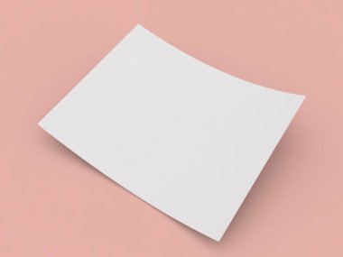 Turuncu arka planda A4 boyutunda kıvrımlı kenarlı beyaz bir kağıt. 3d resimleme.