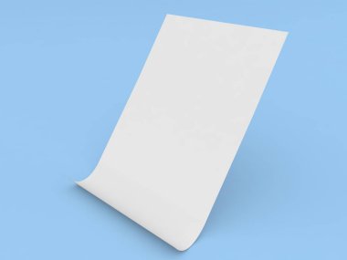 Mavi arka planda A4 boyutunda kıvrımlı kenarlı beyaz bir kağıt. 3d resimleme.