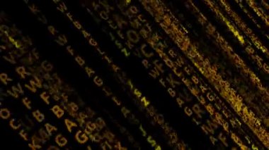 Siyah arka planda sarı harfler. Ağ üzerinden bilgi akışı. Video canlandırması.
