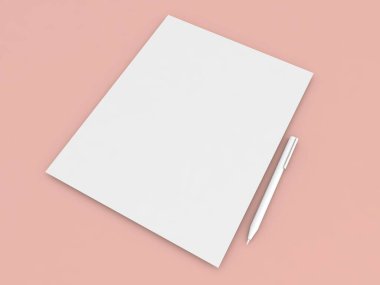 Turuncu arka planda A4 kağıt ve kalem. 3d resimleme.