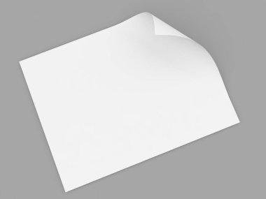 Gri arkaplan üzerinde kavisli bir A4 kağıdı. 3B resimleme.